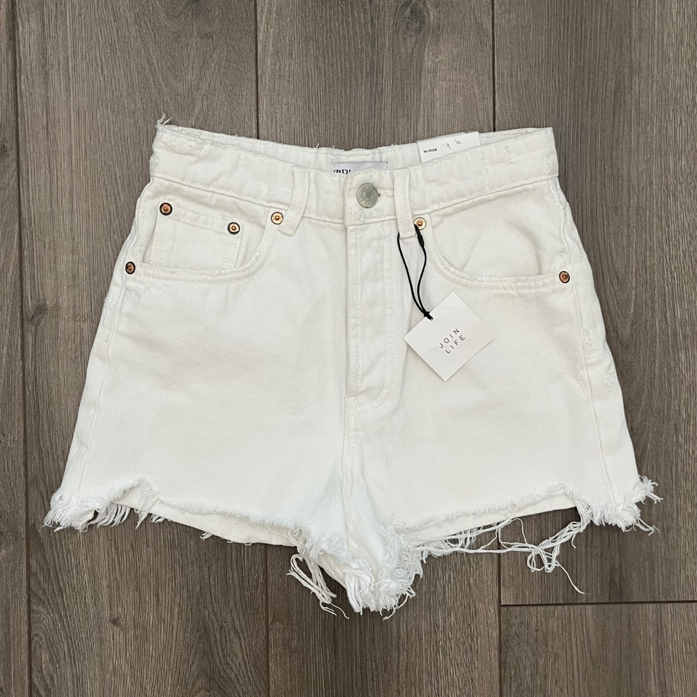 Zara White High Rise Denim Shorts Frayed Raw Hem Size 2 24 Join Life Cotton